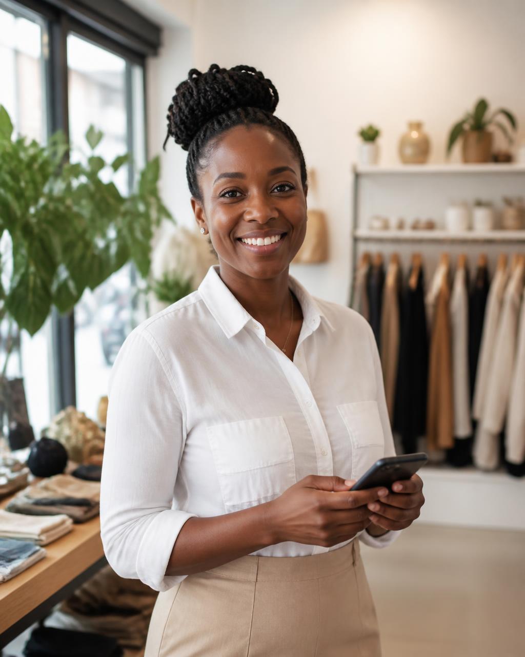 Small business owner checking a new customer enquiry on her phone in her shop.