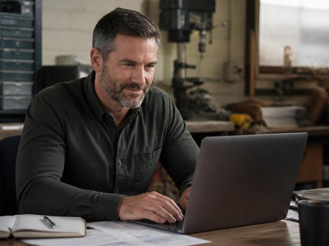 Business owner reviewing his sales and outstanding invoices on a laptop.