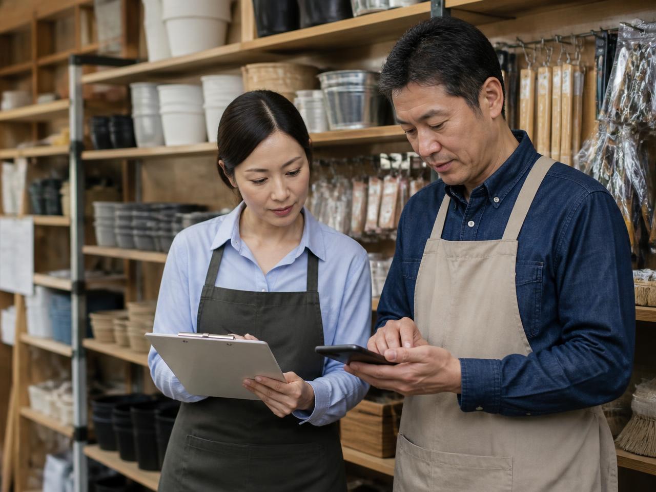 Two shopkeepers checking stock and a customer request together in their store.